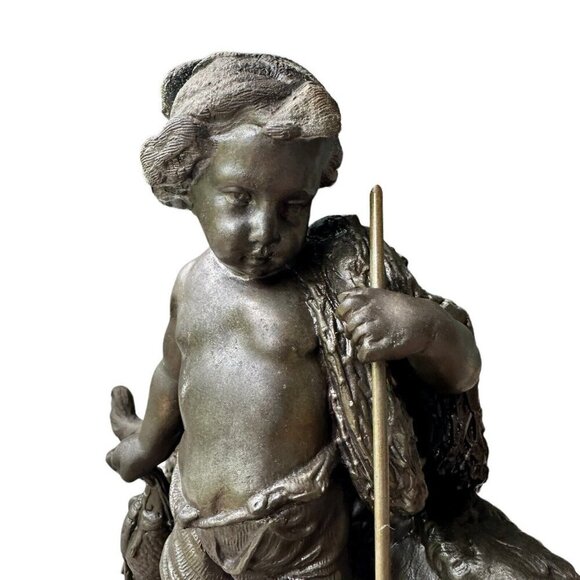 VTG French Style Cast Bronze Sculpture 6.75" Young Boy Fish Spear‎ Cast Net Dog - Picture 7 of 11